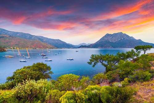 Colorful spring sunrise in Adrasan bay with view of Moses Mountain, Kemer, Antalya, Turkey