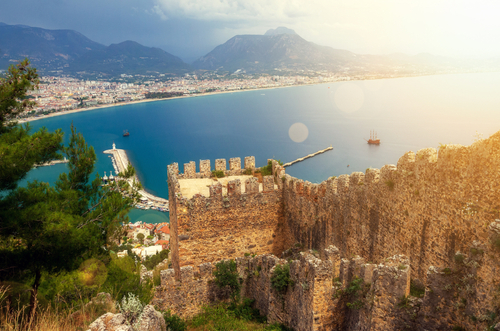 View of Alanya and the coastline from Alanya castle in Alanya, Antalya, Turkey