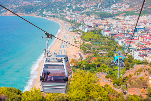 Riding cable car to view the city of Alanya (Cleopatra beach), Antalya, Turkey