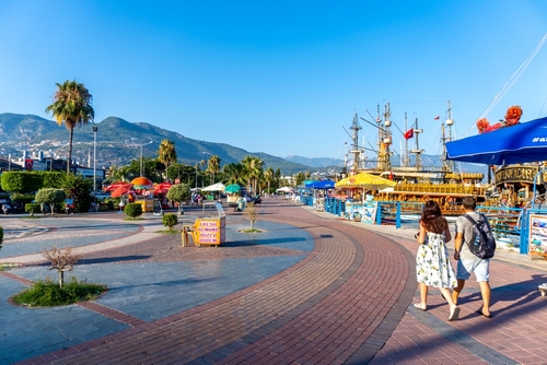 Street view, houses, shops, in the Turkish resort town of Alanya, Antalya, Turkey