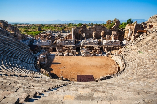 Side Roman Theatre at the ancient city of Side in Antalya region on the Mediterranean coast of Turkey