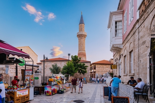 Crowd of tourist walking in the old city of Antalya Kaleici Old Town in Antalya, Turkey. High season and holiday vacation