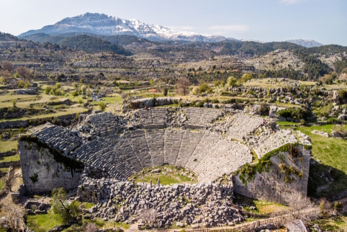 Aerial view of the amphitheater at the ancient city of Selge, Antalya, Turkey