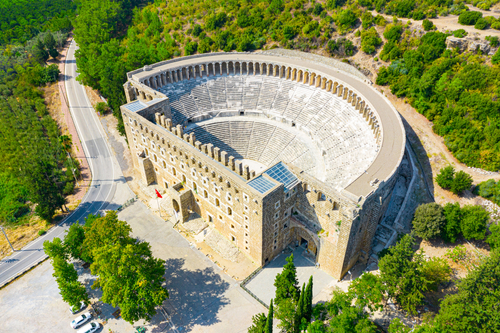 Aerial view of the ancient Aspendos amphitheater in Antalya, Turkey
