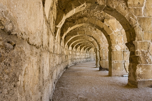 The columned gallery above the auditorium-theatre in the Ancient Roman Theater of Aspendos, Antalya, Turkey