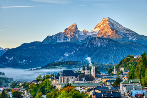 Mount Watzmann and the city of Berchtesgaden in the Bavarian Alps, Germany