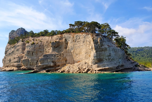 Beldibi Caves, Goynuk Canyon, Kemer, Antalya, Turkey. At the foot of Mount Olympos (Tahtali) are the ruins of an ancient monument-the city of Olympos