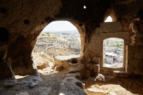 Interior view of the ruins of Cavusin castle in Cappadocia, Turkey