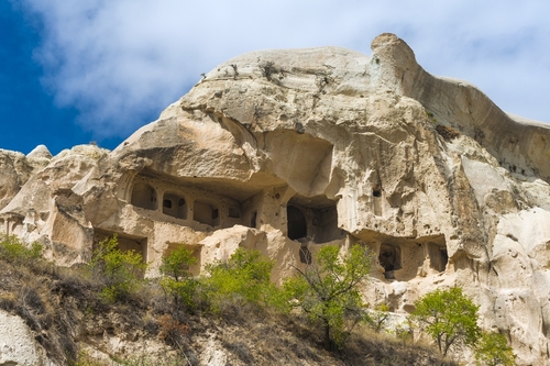 Detail of the ancient castle of Cavusin dug from a mountains, Cappadocia, Turkey