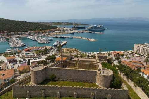 Cesme Castle and Cesme Marina in Cesme, Izmir, Turkey