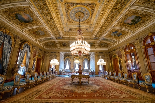Interior view of Dolmabahce Palace (Blue Hall). Dolmabahce is the largest palace and one of the most important historical monuments in Istanbul, Turkey