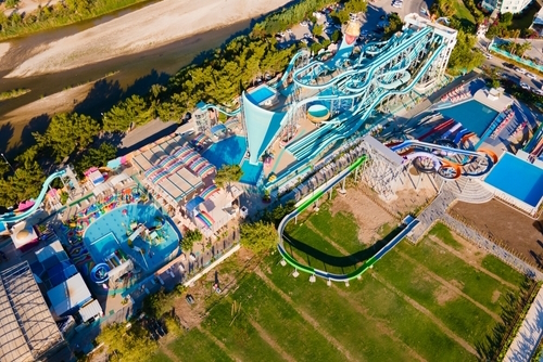 Aerial view of Dolusu Park Kemer is a water park or aquapark in Kiris or Kirish village near Kemer resort town in Antalya Province in Turkey