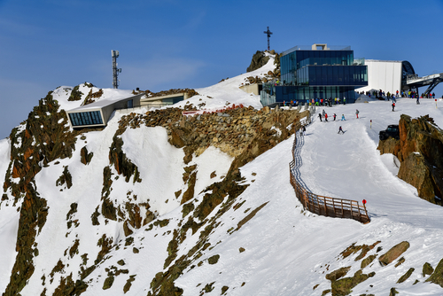 Panoramic view of the summit of the Gaislachkogl mountain with futuristic glass building and 007 Elements building, Solden, Tyrol, Austria