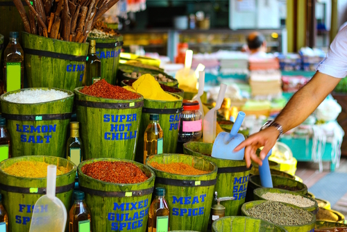 View of the Fethiye Central Market and a stand with spices, Fethiye, Antalya, Turkey