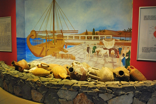 Amphoras with explanation at Fethiye Museum. Amphora is Greco-Roman word, a container using for storage and delivered by land or sea dated back to Neolithic Period, Fethiye, Antalya, Turkey
