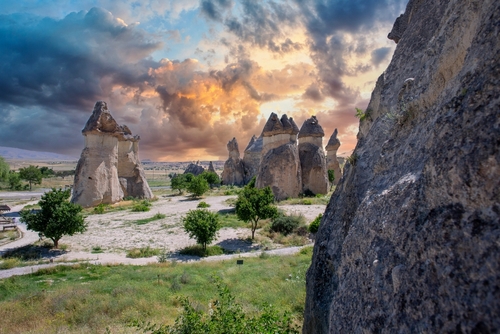 From below close-up shot of cave dwellings of Cappadocia, Goreme National Park of Nevsehir, Turkey