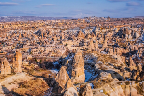 View of a Volcanic cave city in Goreme National Park, Cappapdocia, Turkey