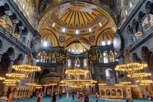 Interior of the Hagia Sophia. The Grand Mosque and formerly the Church is a popular destination among pilgrims and tourists of Istanbul, Turkey