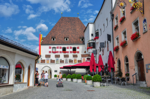 A view of Oberer Stadtplatz with City hall in Hall in Tyrol, Austria