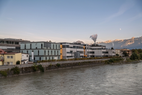 Residential area at the border of river Salzach, Hallein, Austria