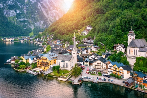 Aerial view of Austrian mountain village Hallstatt and Hallstatter lake. Beautiful summer time. Salzkammergut, Austria