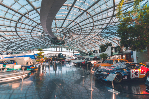 Interior view of Hangar 7, a building hosting a collection of historical airplanes, helicopters and Formula One racing cars, Salzburg, Austria