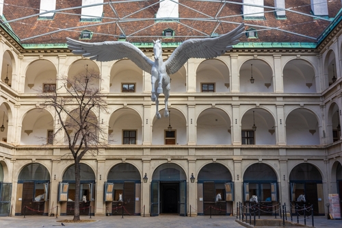 Courtyard of the stables of the Spanish riding school part of the Hofburg in the Old Castle in Vienna, Ausria