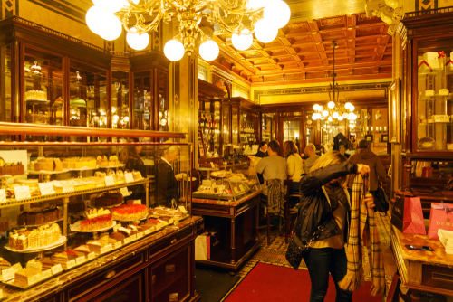 Vintage interior of the famous confectionery cafe Demel, the inventor of the Sacher cake, Vienna, Austria