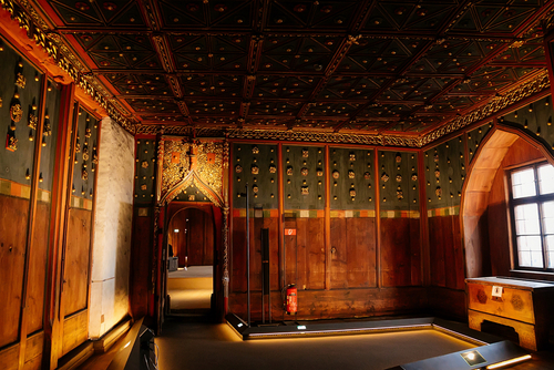 Gothic and Renaissance castle interior, Regency Golden Chamber or Royal Apartment, State Rooms in Hohensalzburg Fortress, wood paneling, carved ceiling, Salzburg, Austria