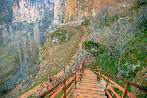 Wooden stairs down into the Ihlara valley in Cappadocia, Turkey