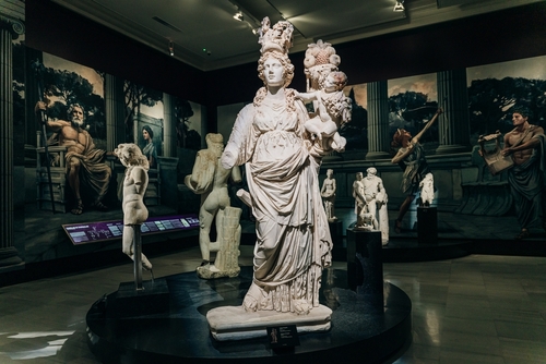 View of several classical sculptures in Istanbul's Archaeological museum, Turkey