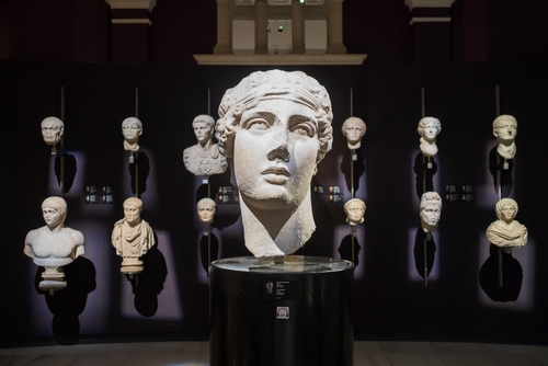 View of numerous busts in Istanbul's Archaeological museum in Istanbul, Turkey