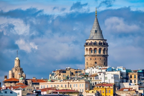 View of the Galata Tower on a cloudy day in the Karaköy district, Istanbul, Turkey