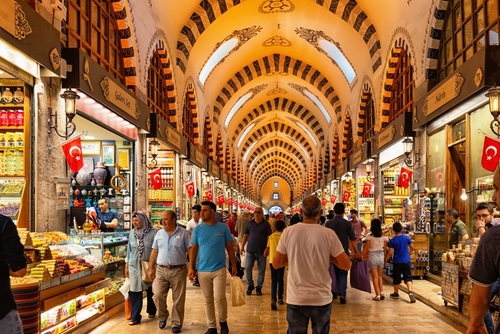 View of the Spice Bazaar (Egyptian Bazaar) in Istanbul. Is one of the largest bazaars in the city. Located in the Eminonu quarter of the Fatih district, Istanbul, Turkey