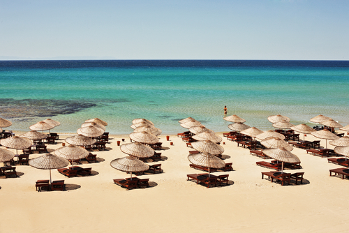 A view of the beach and its facilities in Cesme, Izmir, Turkey