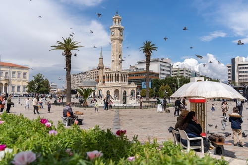The touristic square with the Clock Tower in Konak district of Izmir. It is one of the most special squares that local and foreign tourists constantly visit Turkey