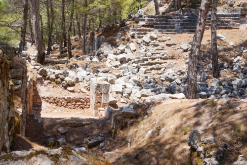 Ruins of Cadianda (Kadyanda) Ancient City view near Uzumlu village in Fethiye, Mugla, Antalya, Turkey. Roman settlement at 5th century BC