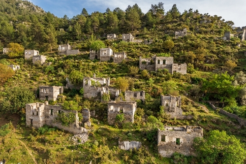 Historical Lycian village of Kayakoy, Fethiye, Mugla, Antalya, Turkey. Ghost Town Kayakoy, anciently known as Lebessos and Lebessis. Abondoned Greek and turkish village