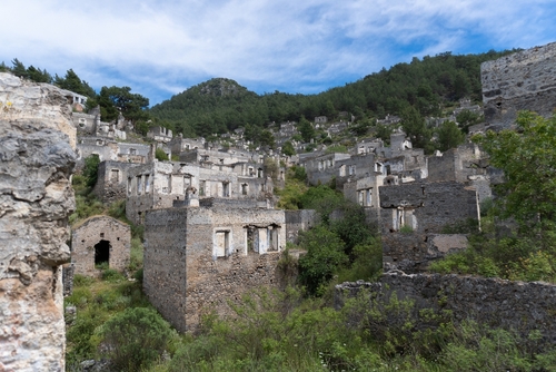 Historical Lycian village of Kayakoy, Fethiye, Mugla, Antalya, Turkey. Ghost Town Kayakoy, anciently known as Lebessos and Lebessis. Abondoned Greek and turkish village