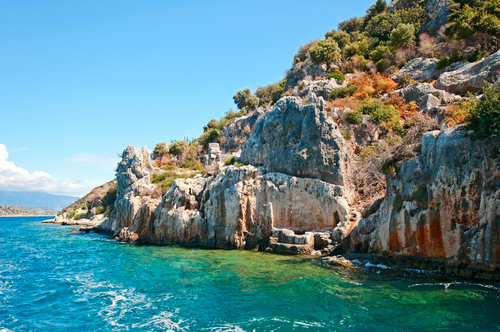 The ruins of the ancient town Dolchiste on Kekova island, Antalya, Turkey