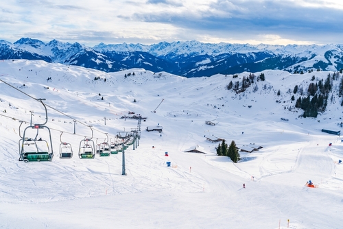 View of wintry landscape from Kitzbuhel Horn mountain in Tyrol, Austrian Alps, Austria
