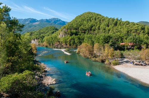 Two kayaks in the Koprucay river gorge in Koprulu National Park, Manavgat, Antalya, Turkey