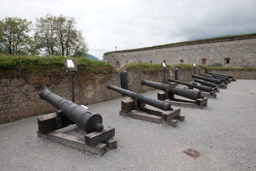 Cannons in the inner courtyard of the medieval Kufstein fortress in Kufstein, Tirol, Austria