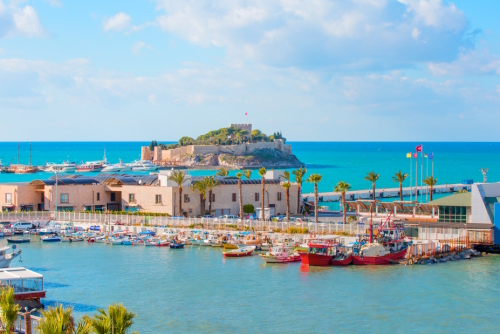 Pigeon Island with Pirate castle at Kusadasi's harbor, Aegean coast, Izmir, Turkey