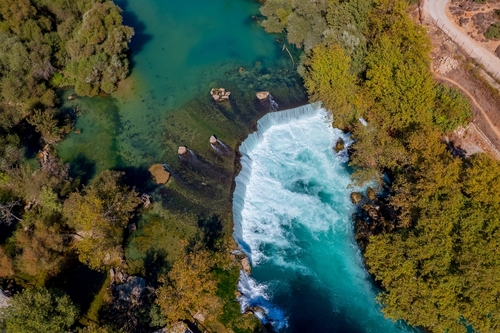 Aerial top view of the amazing Manavgat waterfall in Antalya, Turkey