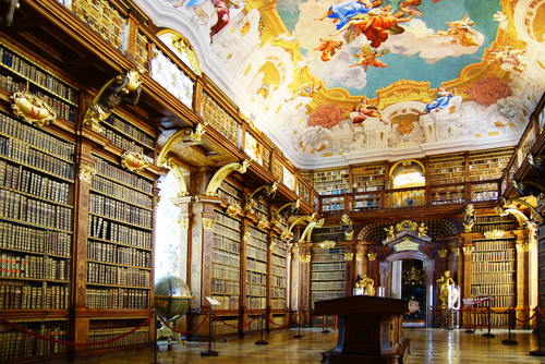 The luxurious interior of the Library in Melk Abbey, Wachau valley, Austria. Massive Melk Abbey Library Has Over 100,000 Volumes in its collection