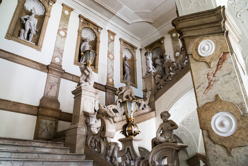 This is a fragment of the marble grand Baroque Angel Staircase in the interior of Mirabell Palace, Salzburg, Austria