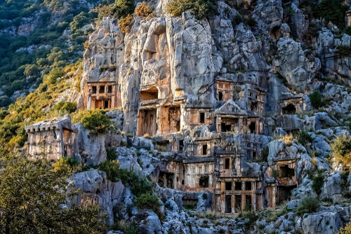 Archeological remains of the Lycian rock cut tombs in Myra, Demre, Antalya, Turkey