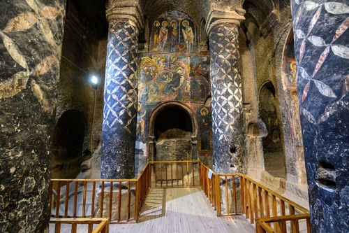 Inside of the Gumusler Monastery and underground cave city. Unesco World Heritage site in Central Anatolia, Cappadocia, Turkey
