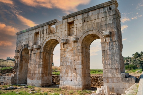 Ruins of the ancient Lycian city Patara, Ancient city entrance door, Patara was at the Lycia (Lycian) League's capital. Antalya, Turkey